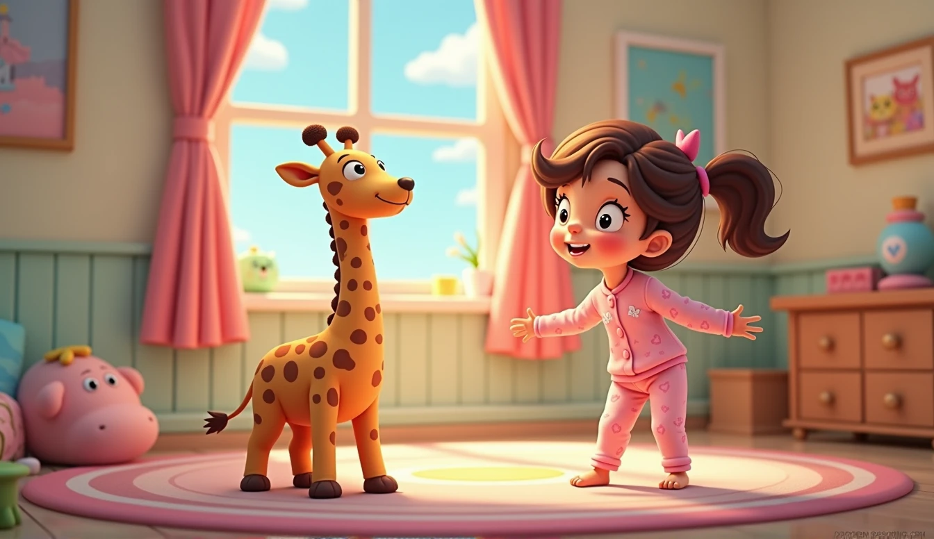 cartoon girl in pink pajamas standing near plush giraffe toy, in my children's room