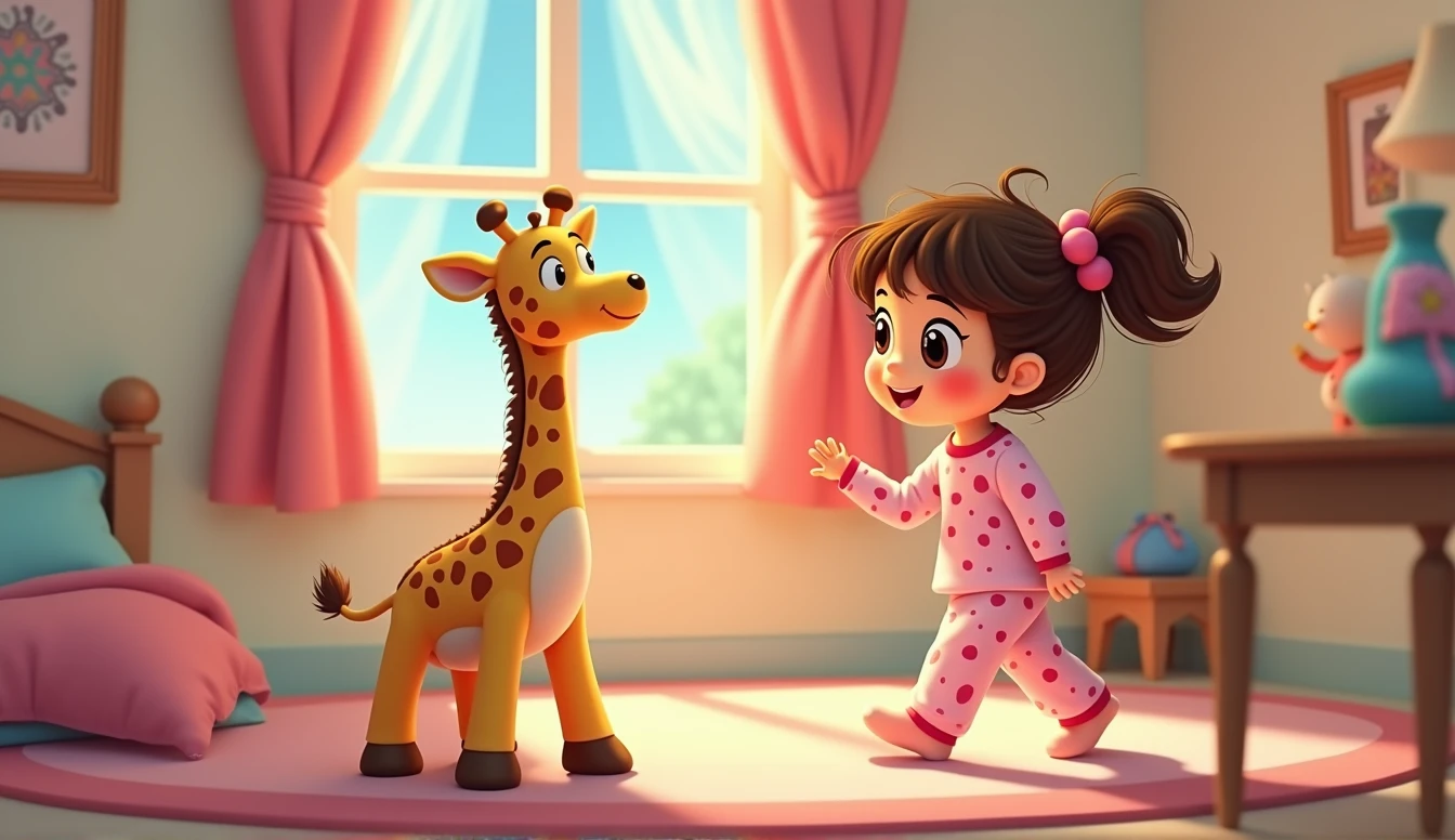 Little cartoon girl in pink pajamas standing near plush giraffe toy, in my children's room