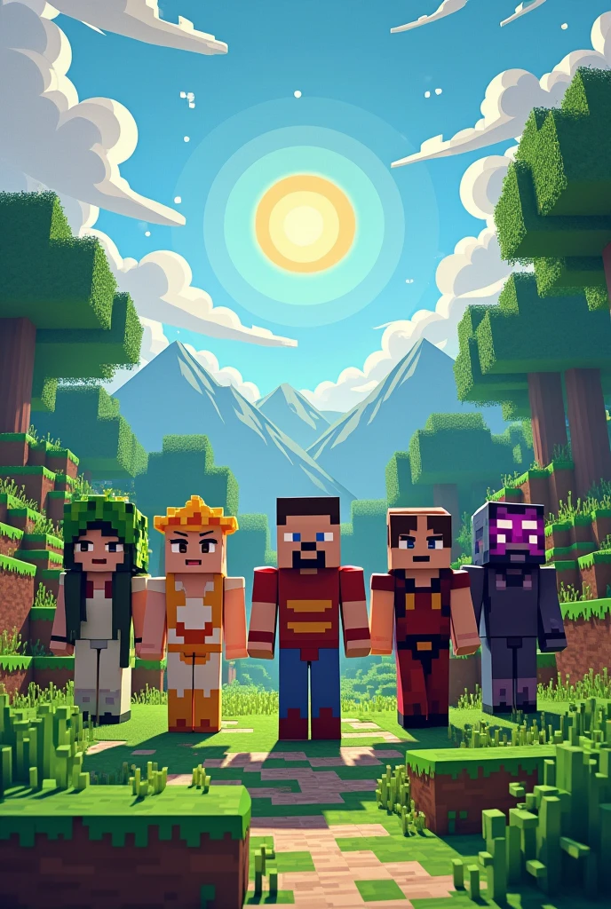 Create an image with characters that have Demeter, Eris, Ares, Pluto and Thanatos that are in the minecraft style and say Sun Roleplay