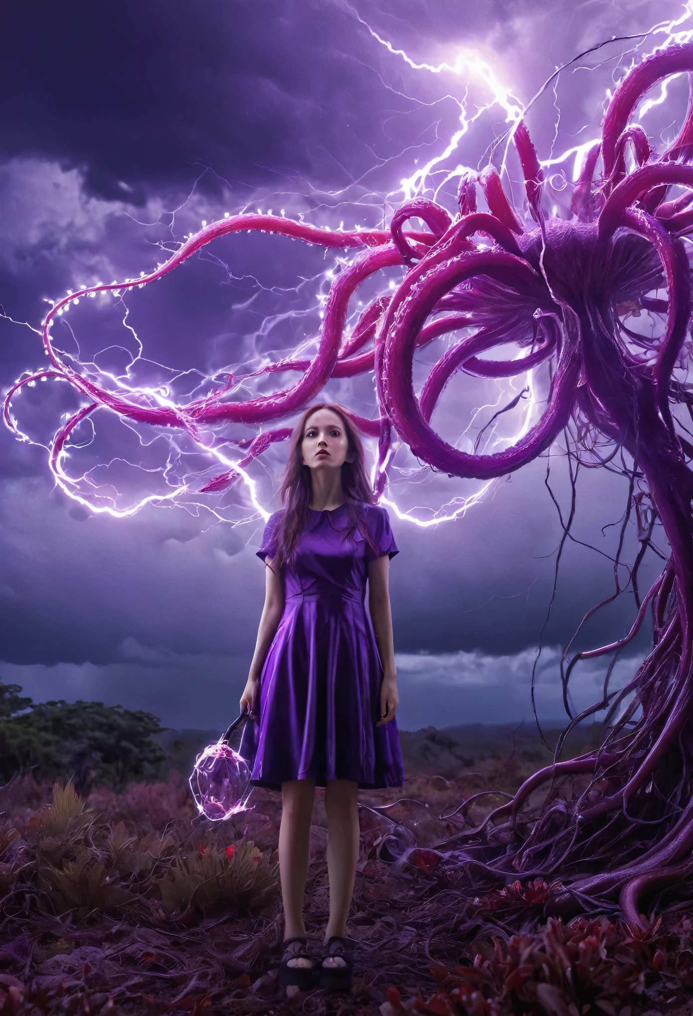 1girl，Magical plant from the abyss, the ghost flower, ghost flower,Blood-red tentacles stare at the dead，carismatic，Incredible，Terror，Wrapped purple magic lightning, epic magic power, The corolla shines brightly, Electric Power Branch, epic thunderstorm, terror shock, surreal, Crazy, Whimsical, Octagonal rendering, iintricate,