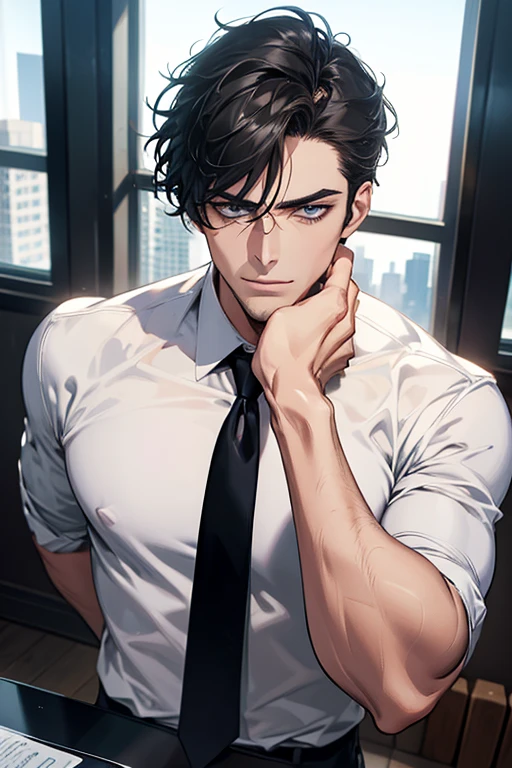 (Best Quality,4k,8k,high resolution,Masterpiece:1.2),ultra detailed,(realist,photorealist,photo-realist:1.37),1 man,31 years,mature man,very handsome,without expresion,muscled body,short gray black hair,Blue eyes,glare,perfect face without mistakes,imposing posture,businessman,office background,cinematic lighting,imagen HDR