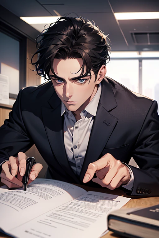 (Best Quality,4k,8k,high resolution,Masterpiece:1.2),ultra detailed,(realist,photorealist,photo-realist:1.37),1 man,31 years,mature man,very handsome,without expresion,muscled body,short gray black hair,Blue eyes,glare,perfect face without mistakes,imposing posture,businessman,office background,cinematic lighting,imagen HDR