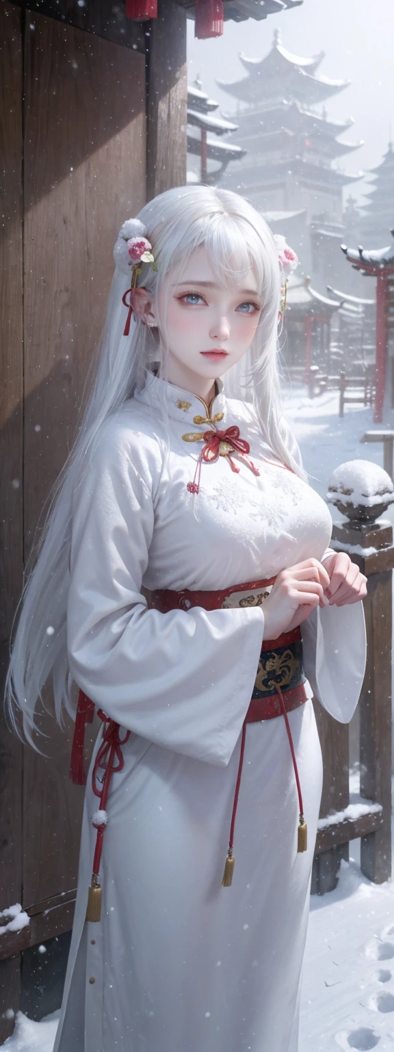1girl, cowboy_shot, white hair, outdoors, snow, winter, Chinese style,