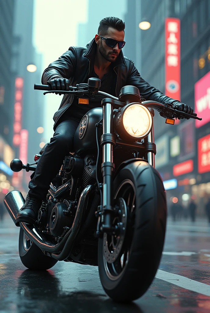 there is a man riding a motorcycle on a city street, badass anime 8 k, daniel maidman octane rendering, sitting on cyberpunk motorbike, unreal engine 4k wallpaper, octane. trending on artstation, motorcycle concept art, concept art octane render, octane cgsociety, unreal engine', 3 d octane render conceptart, james gurney cinematic lighting, beautiful and cinematic lighting