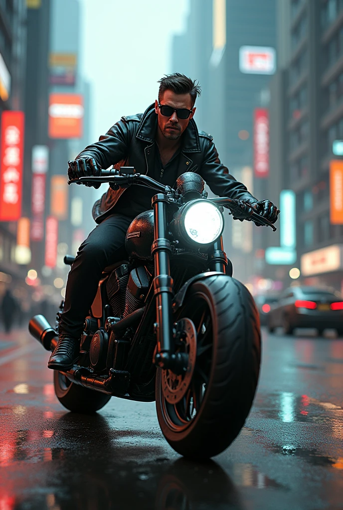 there is a man riding a motorcycle on a city street, badass anime 8 k, daniel maidman octane rendering, sitting on cyberpunk motorbike, unreal engine 4k wallpaper, octane. trending on artstation, motorcycle concept art, concept art octane render, octane cgsociety, unreal engine', 3 d octane render conceptart, james gurney cinematic lighting, beautiful and cinematic lighting