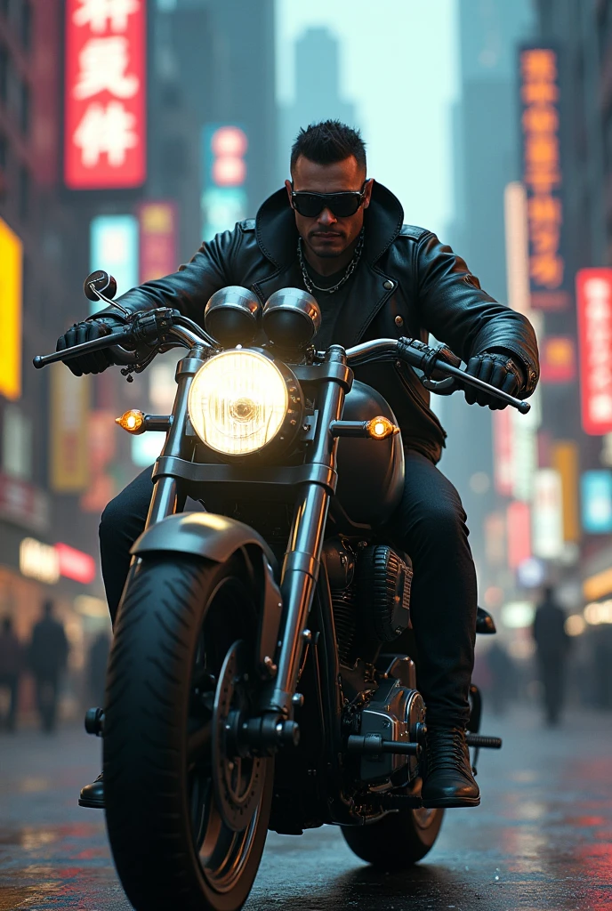 there is a man riding a motorcycle on a city street, badass anime 8 k, daniel maidman octane rendering, sitting on cyberpunk motorbike, unreal engine 4k wallpaper, octane. trending on artstation, motorcycle concept art, concept art octane render, octane cgsociety, unreal engine', 3 d octane render conceptart, james gurney cinematic lighting, beautiful and cinematic lighting