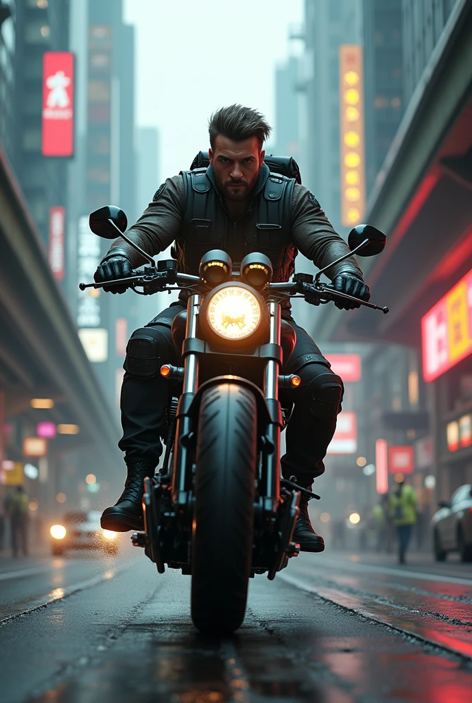 there is a man riding a motorcycle on a city street, cyberpunk art inspired by Marek Okon, trending on Artstation, conceptual art, badass anime 8 k, daniel maidman octane rendering, sitting on cyberpunk motorbike, unreal engine 4k wallpaper, octane. trending on artstation, concept art octane render, motorcycle concept art, octane cgsociety