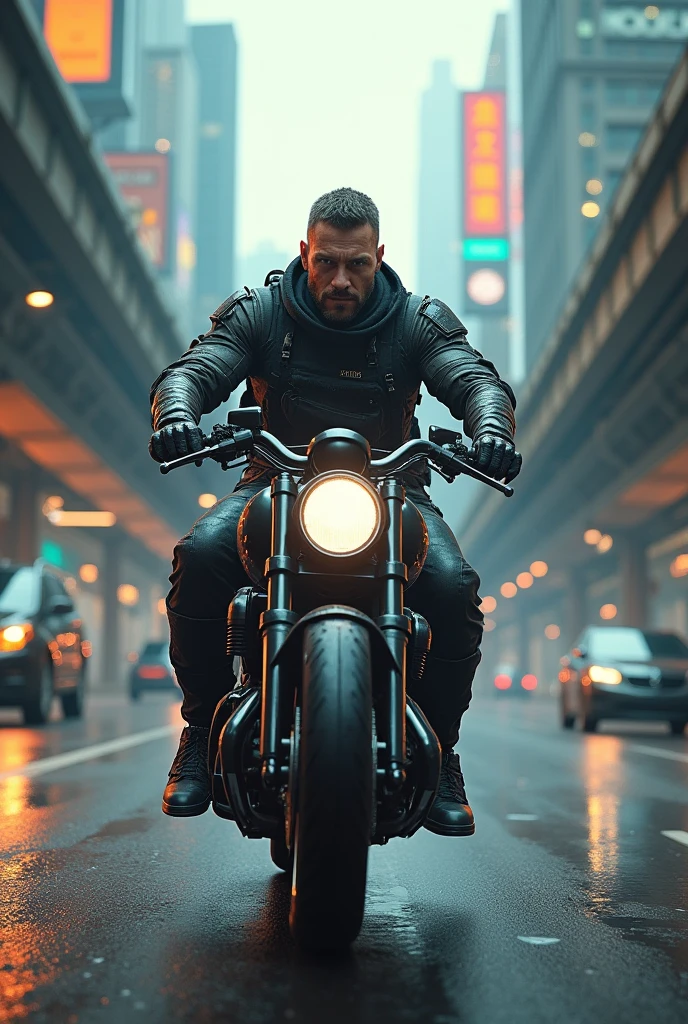 there is a man riding a motorcycle on a city street, cyberpunk art inspired by Marek Okon, trending on Artstation, conceptual art, badass anime 8 k, daniel maidman octane rendering, sitting on cyberpunk motorbike, unreal engine 4k wallpaper, octane. trending on artstation, concept art octane render, motorcycle concept art, octane cgsociety