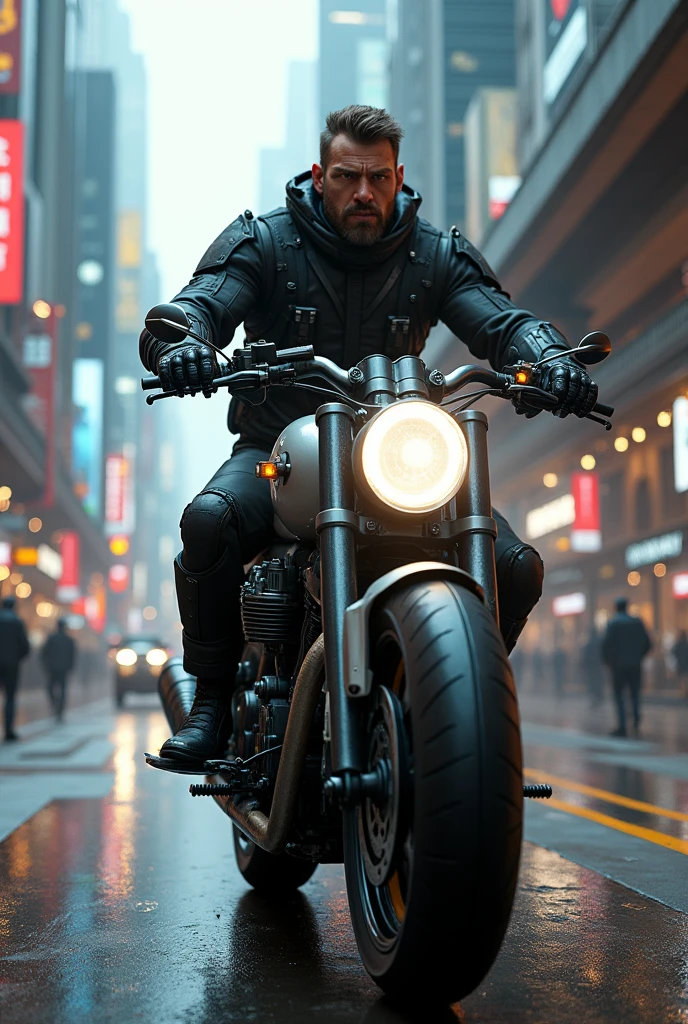 there is a man riding a motorcycle on a city street, cyberpunk art inspired by Marek Okon, trending on Artstation, conceptual art, badass anime 8 k, daniel maidman octane rendering, sitting on cyberpunk motorbike, unreal engine 4k wallpaper, octane. trending on artstation, concept art octane render, motorcycle concept art, octane cgsociety