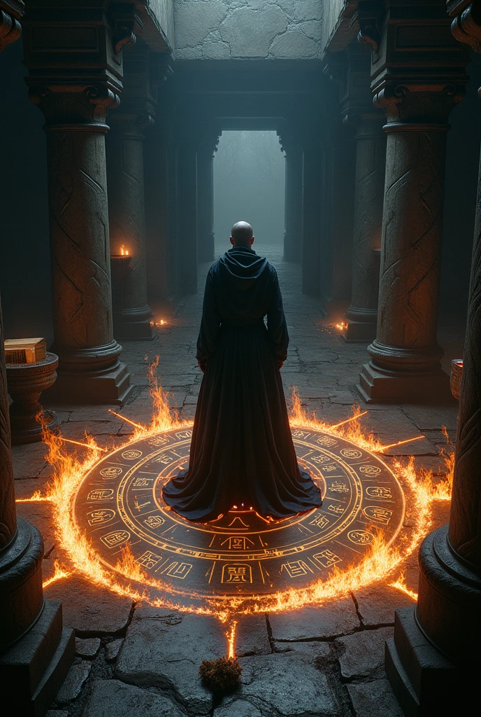 A mystical ritual, with the sorcerer Dogo in the center, surrounded by black flames and magical symbols drawn on the ground.