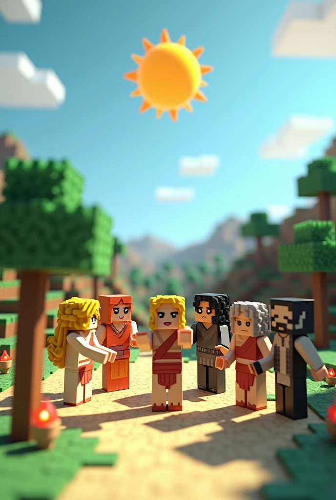 Create an image with characters that have Demeter, Eris, Ares, Pluto and Thanatos that are in the minecraft style and say Sun Roleplay