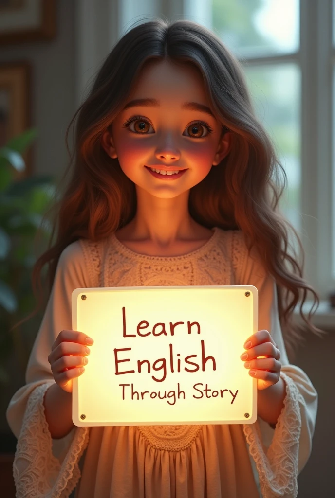 Beautiful girl with heart-warming smile and wavy long hair, bohemian dress, holding a white board with text "learn English Through Story" and showing it to the viewer, the board is glowing with a the text.Different quality girl.