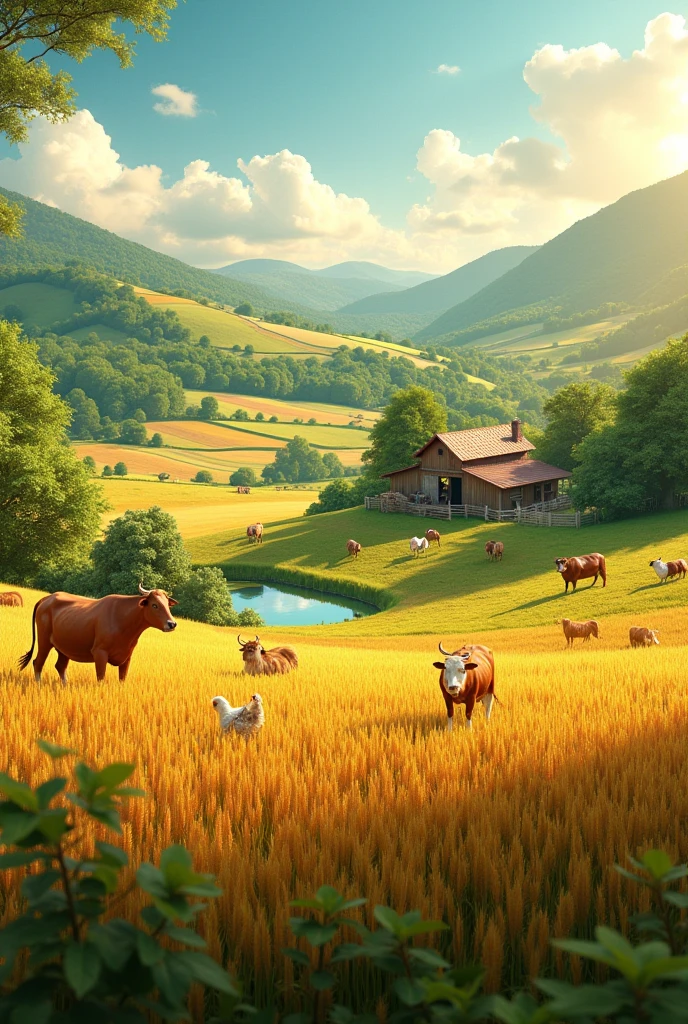 a lush green farm in mid august, ripe wheat fields, cows grazing, detailed animals, golden light, photorealistic, 8k, ultra-detailed, professional lighting, cinematic composition, vibrant colors, natural landscape, pastoral scene, idyllic countryside, beautiful golden hour, serene atmosphere, picturesque countryside, rolling hills, rustic barn, tranquil pond, flourishing vegetation, bountiful harvest, countryside living, natural beauty, stunning panorama