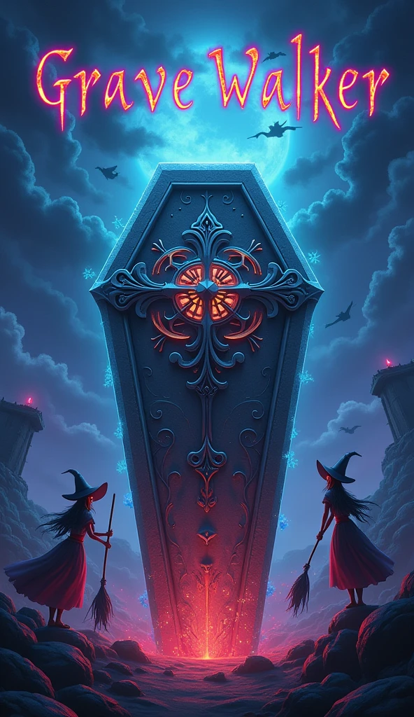 There is a title "Grave Walker" over the fantasy coffin. There is a night background of the title. Witches flying in the sky on their flying brooms. Magic is spreading at the background. Title "Grave Walker" is written with some magic colours. A 3D, fantasy, magic poster.