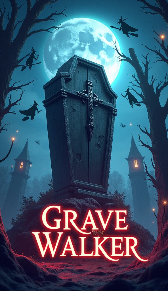 There is a title "Grave Walker" over the fantasy coffin. There is a night background of the title. Witches flying in the sky on their flying brooms. Magic is spreading at the background. Title "Grave Walker" is written with some magic colours. A 3D, fantasy, magic poster.