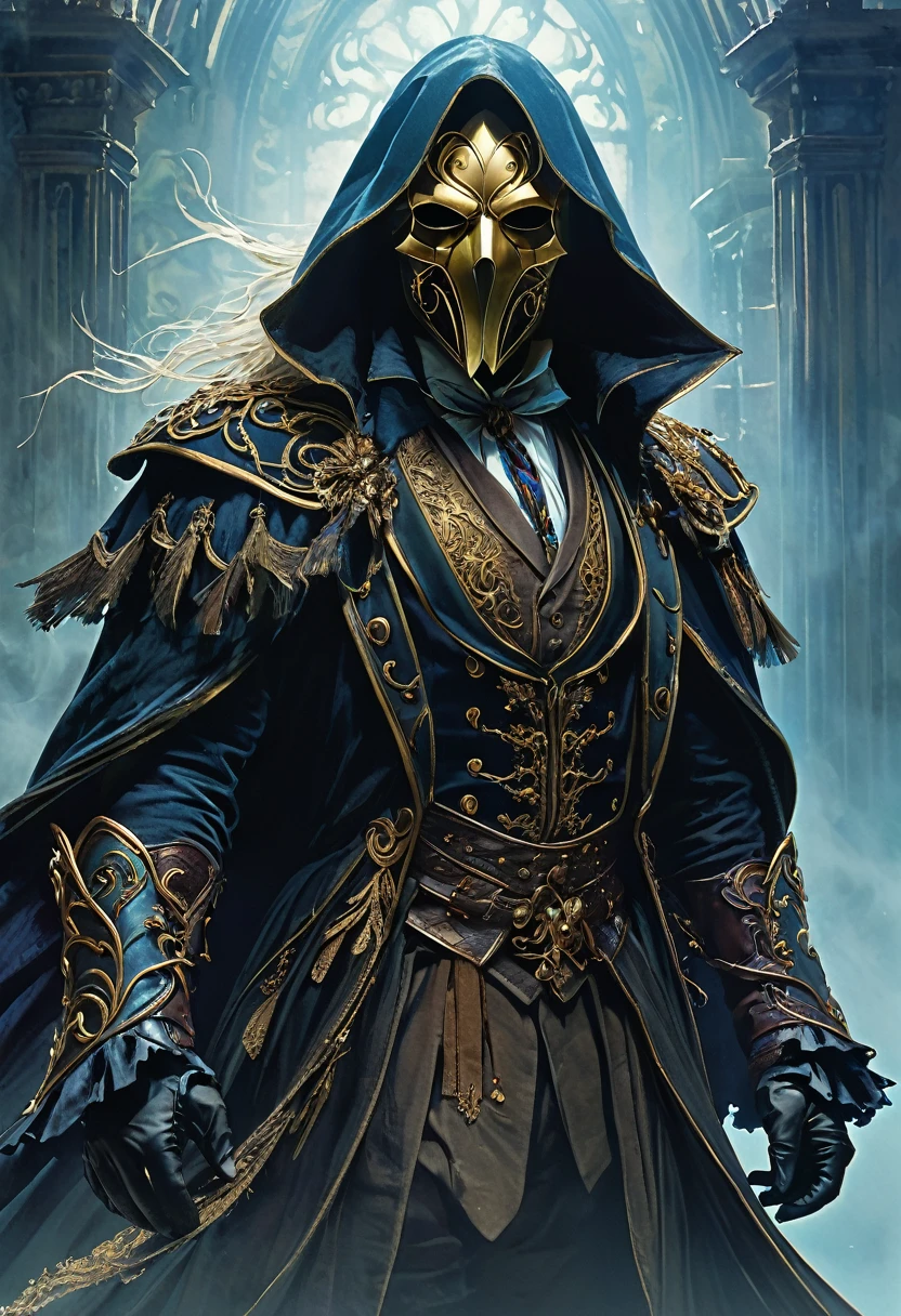 (anime, fantasy, phantom of the opera), (best quality, highres, highly detailed, HDR:1.2), cold colors, ominous atmosphere, 1man, phantom mask, masculine hair style, classic outfit, intricate, ethereal light, highly detailed face and body, From Brian Froud and Carne Griffiths and Wadim Kashin and John William Waterhouse, 8K post-production, high resolution, hyperdetailed, depth of field