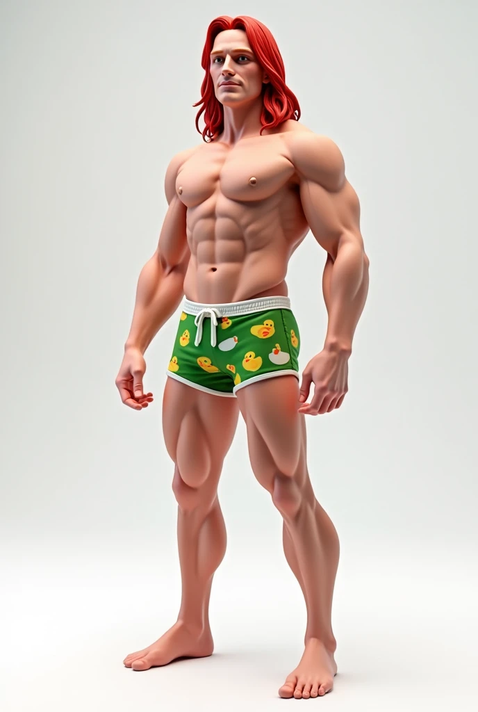 Loki from Marvel, with red hair, in swimming trunks with ducks, on a white background, 3d, full length,