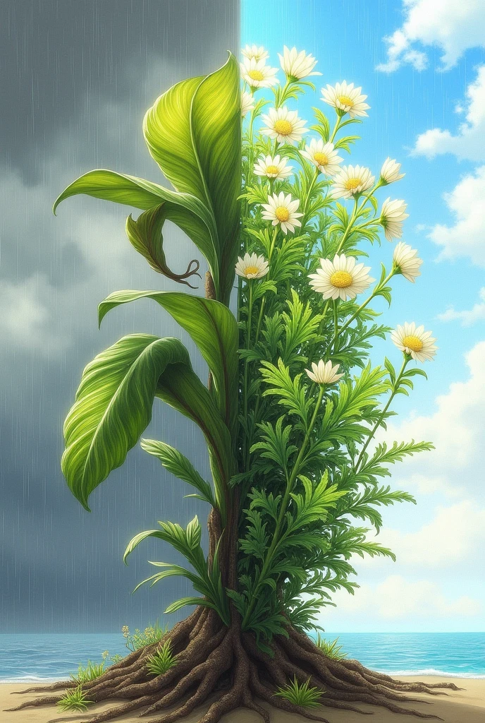 A drawing of. One side of a plant with a weak, lifeless leaf still sprouting and a rain cloud overhead. On the other side, this same plant with leaves and flowers and the clear sky with sun