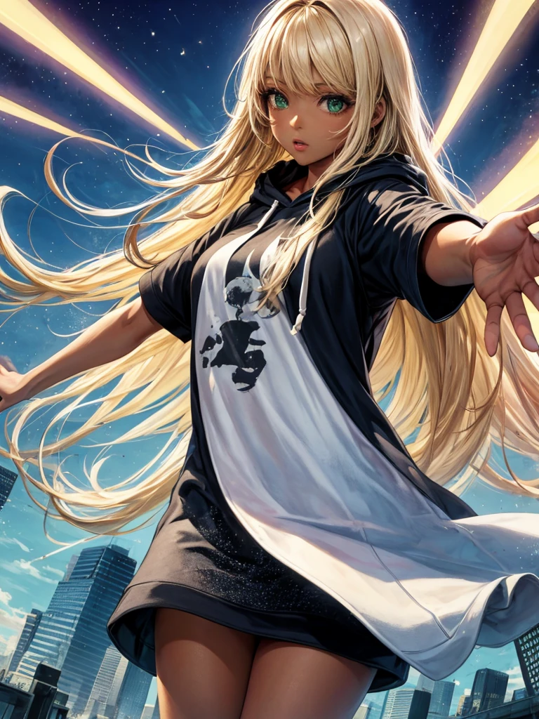 hight resolution, top-quality, ultra-quality, The ultra-detailliert, lighting like a movie. Beautiful expression, open arms, Brown skin, Black skin, Black skin, a blond, blonde hair long hair, green inner hair, Lots of hair. Arms outstretched. Long T-shirt, Hooded hoodie. The tattoo, in a real town. Realistic cityscape