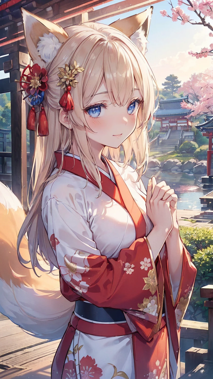 (((masterpiece))), (((Highest quality))), ((Very detailed)), ((Ultra-fine illustrations)), ((Ultra-fine painting)), (16K Highest qualityの壁紙:1.4), (Upper Body:1.6), High resolution, (Highly detailed and subtle illustration style:1.8), Detailed skin texture, Detailed cloth texture, Very detailed説明, (Tmasterpiece), (Very detailed顔:1.2), (Very detailed fox ears:1.2), (Very elaborate shiny golden brown half updo:1.2), (Very detailed澄んだ青い目:1.2), original, RAW Photos, Professional, Intricate details, Super Details, Direct sunlight:1.6, (Perfect Anatomy:1.4), (Extremely elaborate hands:1.2), (Very elaborate fingers:1.2), (Very detailed指先:1.2), (Age 27), Genuine, (alone:1.8), ((She wore a bright red floral kimono、Very beautiful and attractive fox fashion model with blue eyes:1.4)) brake (Beautiful and adorable fox ears:1.6), (Very detailed and delicate fox ears:1.4), (Beautiful and well-shaped big breasts:1.2), (Beautiful and shapely butt), (Beautiful, shining golden brown half-up hairstyle:1.4), (Very delicate and sophisticated golden brown half up:1.2), (Clear blue eyes that shine beautifully in every detail:1.6), (Very delicate and detailed blue eyes:1.2), (Very detailed顔:1.4), (smile:1.5), (blush:1.4), (View your viewers:1.4), (celebration:1.4) brake (Bright red floral print furisode:1.4), (Japanese traditional clothing:1.2) brake (Concept Art:1.2), (Detailed fantasy art:1.2) brake (Highly detailed and delicate Ise Shrine in Mie Prefecture in the background just after noon in spring:1.6), (celebration:1.4), Ise Shrine:1.4, Ise Shrineの鳥居:1.4, Very beautiful against the clear sky after noon.:1.4 brake