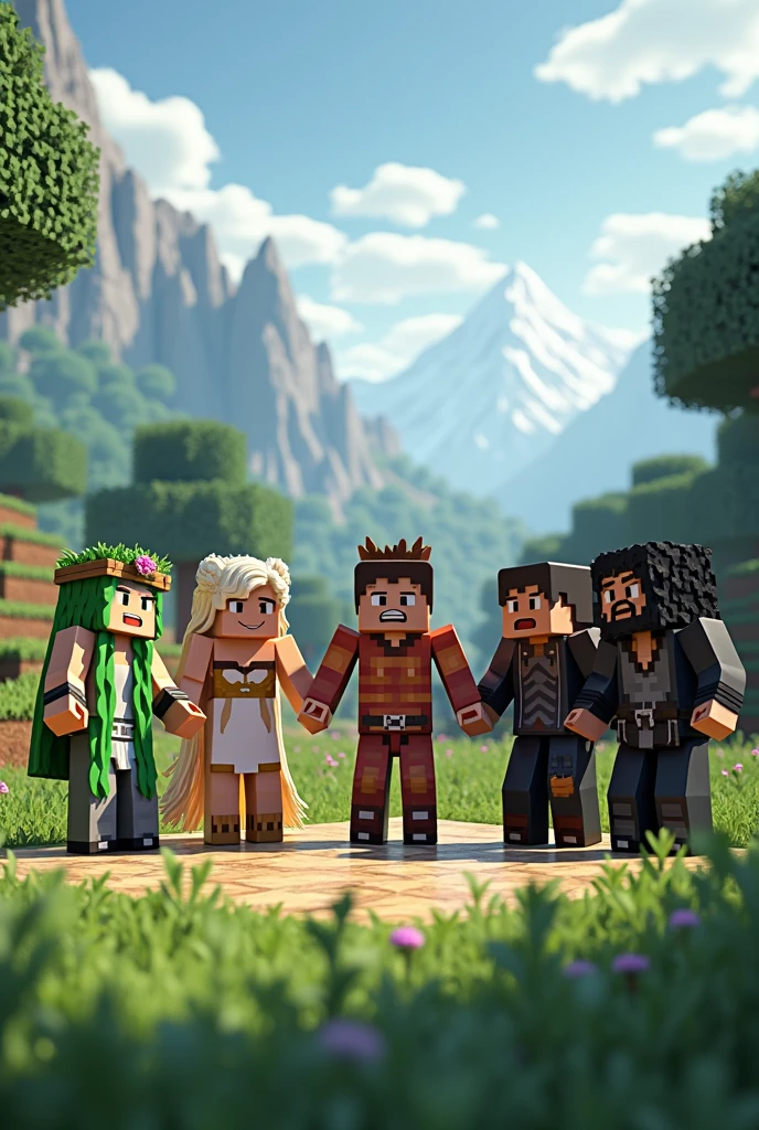 Create an image with characters that have Demeter, Eris, Ares, Pluto and Thanatos that are in the minecraft style and say Sun Roleplay