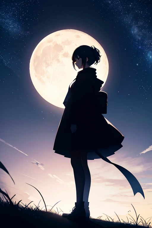 Highest quality,Big moon and shadow,A silhouette of a person can be seen against the backdrop of a large moon.,There is one full moon,There is a mood,Beautiful scenery,Starry Sky