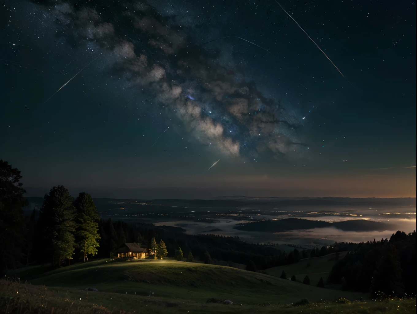 A serene night landscape, milky way galaxy, stars shining brightly in the night sky, crescent moon, rolling hills, tranquil forest, glowing fireflies, long exposure photography, cinematic composition, dramatic lighting, muted color palette, atmospheric haze, detailed textures, sense of scale and wonder, photorealistic, 8k, masterpiece