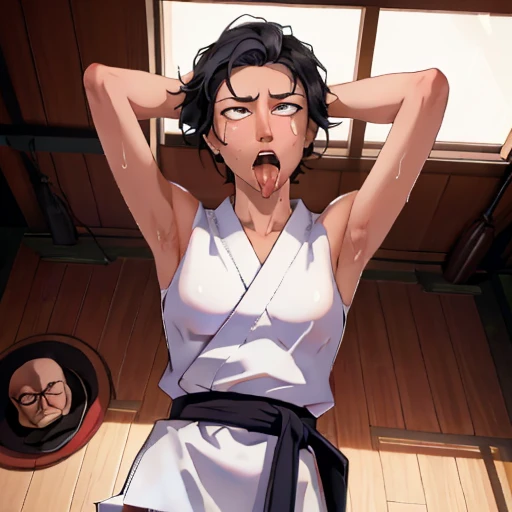 ((((masterpiece, best quality, high resolution)))), Extremely detailed 8K, 1 female, wearing a white Karate gi, (ahegao),white eyes, Small breasts, sash, japanese clothes, No underwear,No eyeballs, Facing the audience, looking at the audience, tired, from below, (Exposed armpit:1.1), ((armpit:1.2)), sexy, Sweating, More and more sweat,(ahegao), (Roll your eyes), open mouth, Sticking out tongue, saliva, Slobber,Skinny, raise arms, (arms above head:1.5)(Ultra HD, Ultra-detailed, Highly detailed, Highly realistic, Ultra-realistic, photograph realistic), (1girl:1.5), (Realistic black hair), (dynamic poses), facing at camera, looking at viewer, (slightly serious face), (perky breasts:1.2), (beautiful detailed face, beautiful detailed eyes), ((worn out karate gi)), (preparing for a fight), sweat, glow, (sunbeam, sunlight), ((cowboy shot)), inside a training gym, seductive, EnvyBetterHands LoCon,
