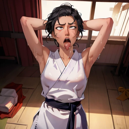 ((((masterpiece, best quality, high resolution)))), Extremely detailed 8K, 1 female, wearing a white Karate gi, (ahegao),white eyes, Small breasts, sash, japanese clothes, No underwear,No eyeballs, Facing the audience, looking at the audience, tired, from below, (Exposed armpit:1.1), ((armpit:1.2)), sexy, Sweating, More and more sweat,(ahegao), (Roll your eyes), open mouth, Sticking out tongue, saliva, Slobber,Skinny, raise arms, (arms above head:1.5)(Ultra HD, Ultra-detailed, Highly detailed, Highly realistic, Ultra-realistic, photograph realistic), (1girl:1.5), (Realistic black hair), (dynamic poses), facing at camera, looking at viewer, (slightly serious face), (perky breasts:1.2), (beautiful detailed face, beautiful detailed eyes), ((worn out karate gi)), (preparing for a fight), sweat, glow, (sunbeam, sunlight), ((cowboy shot)), inside a training gym, seductive, EnvyBetterHands LoCon,