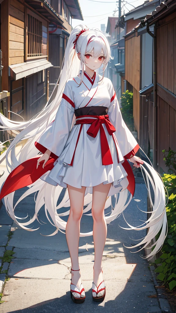 Masterpiece, a girl, red eyes, high detailed eyes, white hair, layered hair, hair ornament, ponytail hair, white Japanese kemono,shy expression ,windy, outdoor, full body shot, sunlight