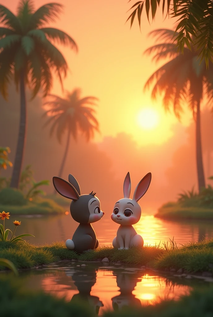 3d animation cartoon "Kaashi and the rabbit sharing a peaceful moment by the lake**, with the sun setting, casting an orange glow over the water, and the jungle around them calm and serene.