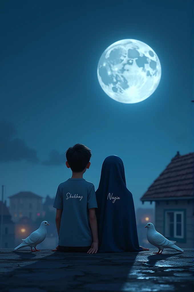 A 20 years  boy and A girl wearing a burqa, both are looking at the moon on the roof in a moonlit night and there are 2 white pigeons making love near them, there is another house near them, Shahbaz is written on the boy's back and Nazia is written on the girl's back It is necessary to have 