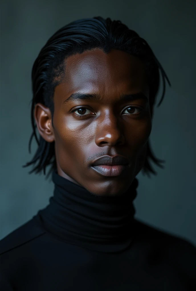 Create an image of a black guy with straight hair and blue eyes, thin and tall