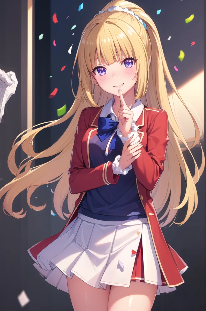 white background:1.3, white background:1.3, kei karuizawa, peace sign:1.3, (confetti:1.3), head tilt:1.3, Long Hair, bangs, blunt bangs, (Purple eyes:1.1), Blonde, shirt, hair ornaments, ponytail, Scrunchie, blue Scrunchie, smile, break skirt, shirt, bow, Jacket, (red Jacket:1.2), Pleated skirt, bowtie, sweater, (blue bow:1.2), (blue shirt:1.2), break looking at viewer, (Cowboy Shot:1.5), break (masterpiece:1.2), Highest quality, High resolution, (Beautiful attention to detail:1.6), Highly detailed face, Perfect lighting, Highly detailed CG, (Perfect hands, Perfect Anatomy), (3D Face:1.1), (Shiny skin:1.5), (超High resolution intricate face details), (Facial skin pores:1.3), 超High resolution cloth texture, 大きなsmile, Blushing, Open your mouth, Showing off her perfect legs