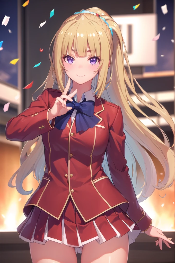 white background:1.3, white background:1.3, kei karuizawa, peace sign:1.3, (confetti:1.3), head tilt:1.3, Long Hair, bangs, blunt bangs, (Purple eyes:1.1), Blonde, shirt, hair ornaments, ponytail, Scrunchie, blue Scrunchie, smile, break skirt, shirt, bow, Jacket, (red Jacket:1.2), Pleated skirt, bowtie, sweater, (blue bow:1.2), (blue shirt:1.2), break looking at viewer, (Cowboy Shot:1.5), break (masterpiece:1.2), Highest quality, High resolution, (Beautiful attention to detail:1.6), Highly detailed face, Perfect lighting, Highly detailed CG, (Perfect hands, Perfect Anatomy), (3D Face:1.1), (Shiny skin:1.5), (超High resolution intricate face details), (Facial skin pores:1.3), 超High resolution cloth texture, 大きなsmile, Blushing, Open your mouth, Showing off her perfect legs