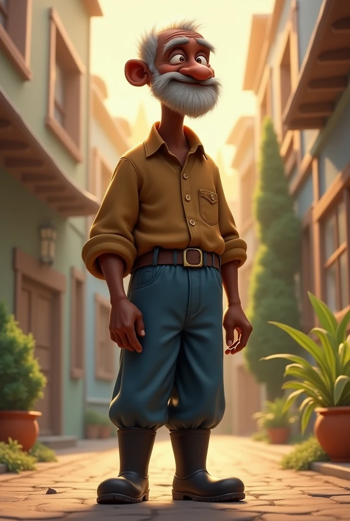 Aa Disney pixar black old man, wearing brown shirt, blue trousers black rain boots