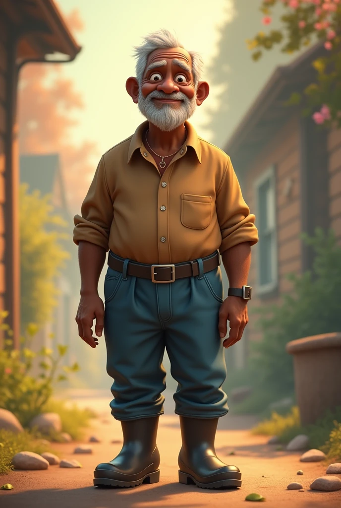 Aa Disney pixar black old man, wearing brown shirt, blue trousers black rain boots