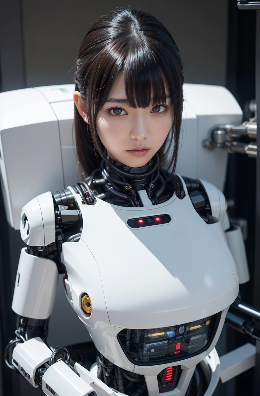 masterpiece, best quality, extremely detailed, Japaese Cyborg girl,Plump , control panels,android,Droid,Mechanical Hand, Robot arms and legs, Black Robot Parts,Black hair,Mechanical body,Blunt bangs,White robotics parts,perfect robot girl,long tube,thick cable connected her neck,ceramic body ,mechanical body, mechanical ear cover, mechanical costume,android,robot,humanoid,cyborg,japanese android woman ,mechanical chest,full eyes,future laboratory,connecting a cable between the legs,