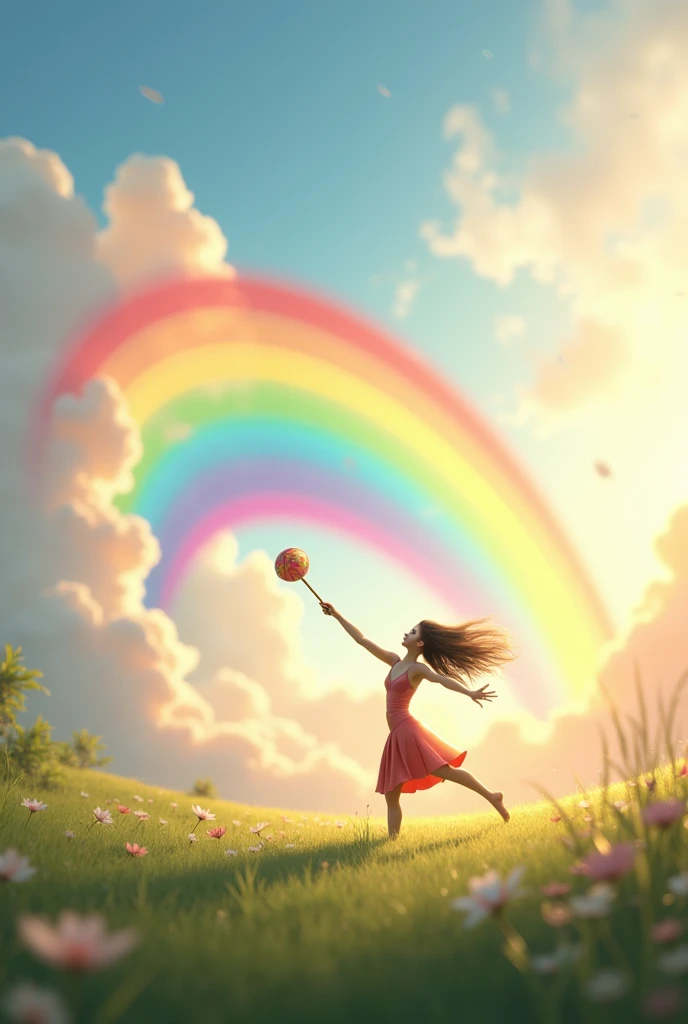 A baton twirling baton surrounded by a rainbow　morning