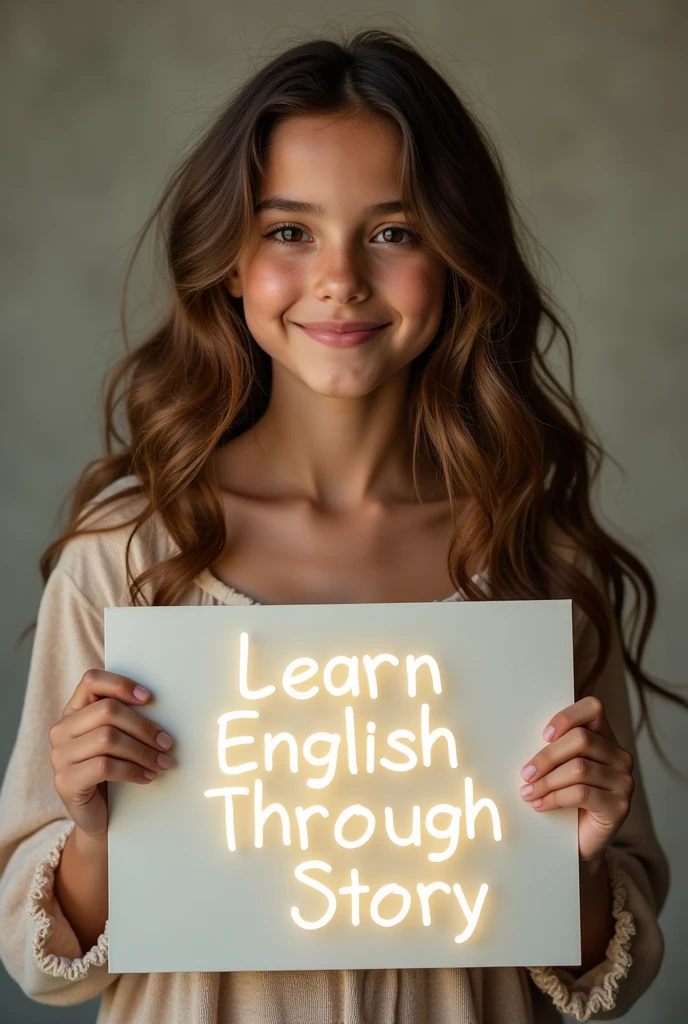 Beautiful girl with heart-warming smile and wavy long hair, bohemian dress, holding a white board with text "learn English Through Story" and showing it to the viewer, the board is glowing with a the text.Different quality girl.
