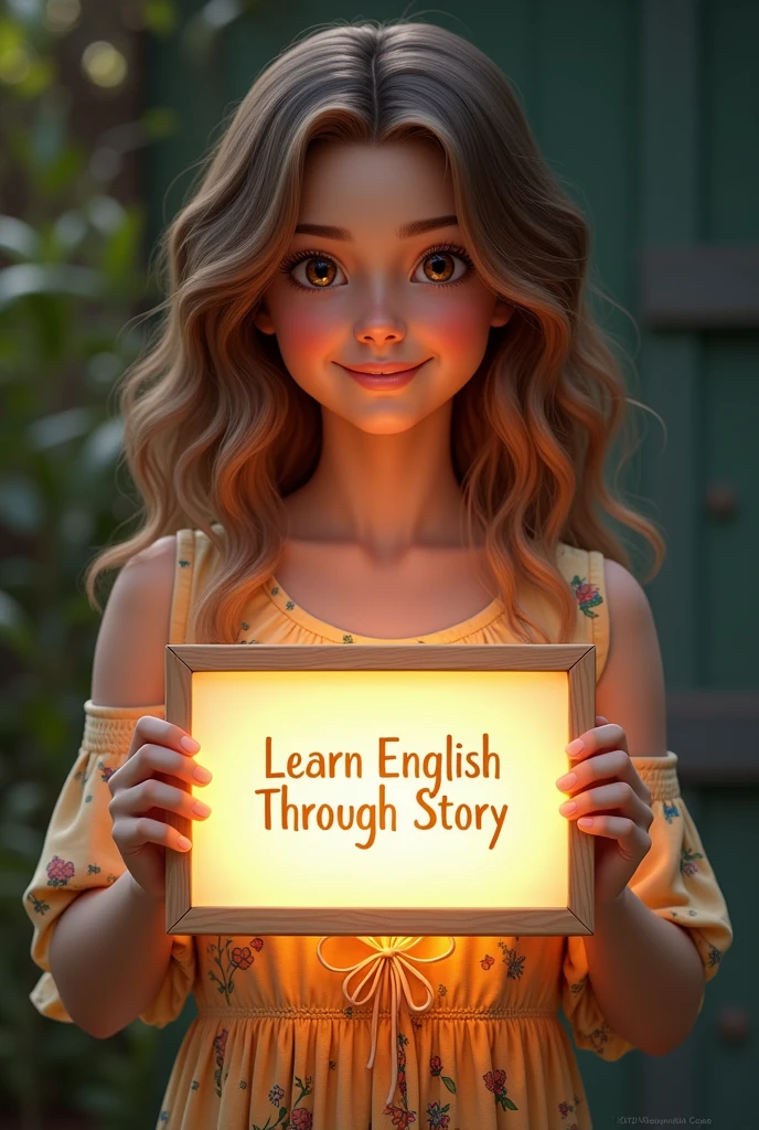 Beautiful girl with heart-warming smile and wavy long hair, bohemian dress, holding a white board with text "learn English Through Story" and showing it to the viewer, the board is glowing with a the text,Different quality girl.