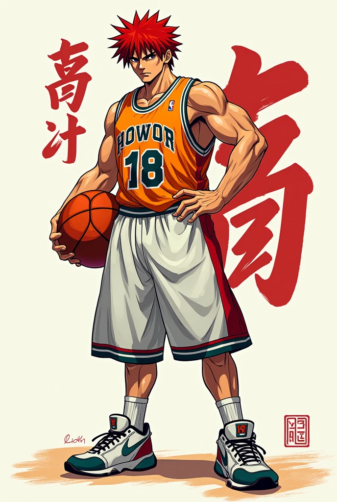 A horizontal image of the protagonist of Slam Dunk, Eiun, with the kanji for dribbling, with red hair, and a large, mature face.