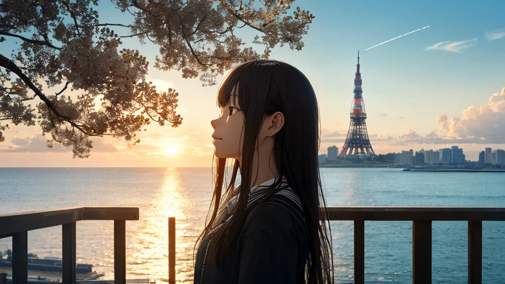 Shiraishi Mei, Looks exactly like Shiraishi Mei、Time is night、Tokyo Tower in the background、Big fireworks、Oceanの方を向いている後ろ姿、Woman looking up at the sky ,Long Hair,  Black Hair,, Photo from the side, Realistic, Highest quality, Detailed face, Strong sunlight, Ocean, Embankment, Detailed Background, Diffused sunlight, Written boundary depth, Bokeh (Highest quality: 1.2), (masterpiece: 1.2), Watch Viewer, one piece, White Theme, ,Vision、(((Panorama:1.2)))