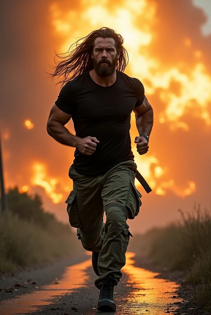 A good looking men with a long hair and beard with a black shirt in a camouflage six pocke t jeans running in a luminate path which turn into a catastropy