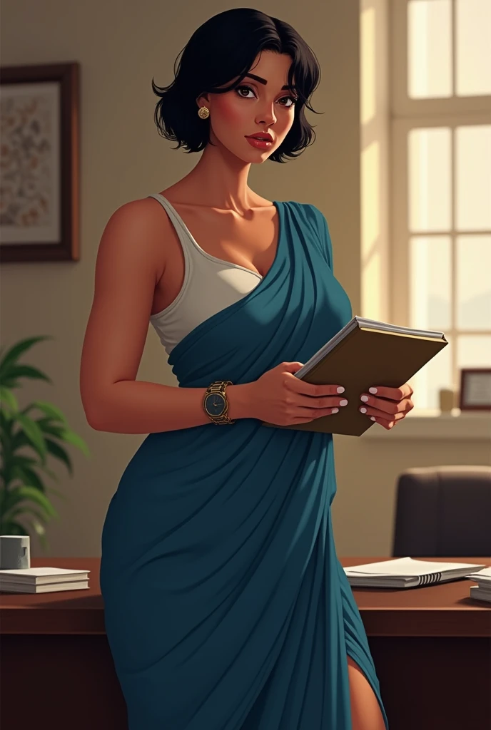 She is a personal assistant. She has a black short hair. She is curvy skinny tan color girl. Her tits are normal in size. Her dress color is blue and white. Her earing are small and simple. She wears a wrist watch in her left hand. She is standing near the desk holding her files in her hands. She is so horny and she is so hot. She is posing in a more hotter way. She is so sexy. She is wearing a Blue saree with a deepcut. 