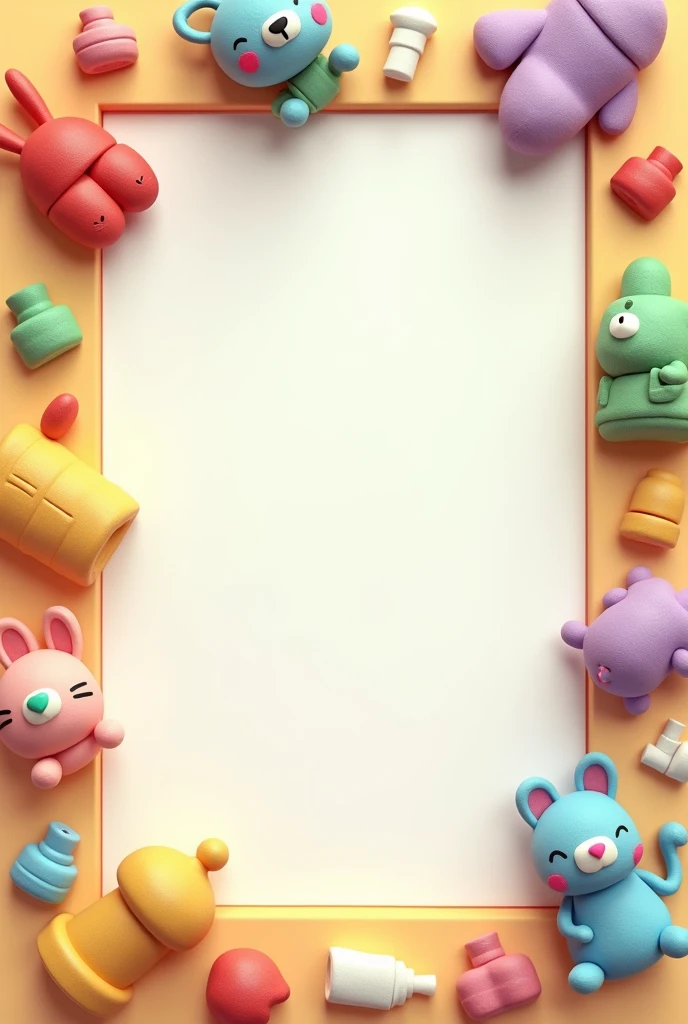 top view; style: cartoon:
make a rectangular transparent background
in the rectangular Background Edges add some 3d rendered toys
must be the middel of the rectangular no object, it will be free and transparent
