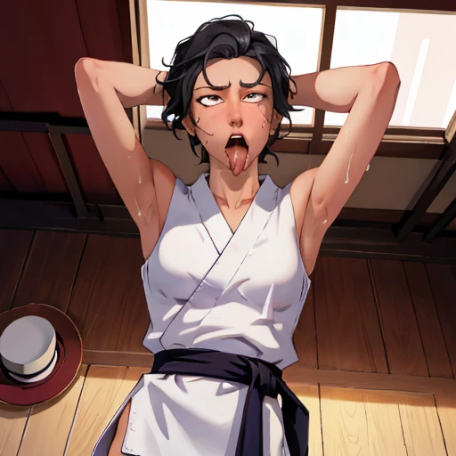 ((((masterpiece, best quality, high resolution)))), Extremely detailed 8K, 1 female, wearing a white Karate gi, (ahegao),white eyes, Small breasts, sash, japanese clothes, No underwear,No eyeballs, Facing the audience, looking at the audience, tired, from below, (Exposed armpit:1.1), ((armpit:1.2)), sexy, Sweating, More and more sweat,(ahegao), (Roll your eyes), open mouth, Sticking out tongue, saliva, Slobber,Skinny, raise arms, (arms above head:1.5)(Ultra HD, Ultra-detailed, Highly detailed, Highly realistic, Ultra-realistic, photograph realistic), (1girl:1.5), (Realistic black hair), (dynamic poses), facing at camera, looking at viewer, (slightly serious face), (perky breasts:1.2), (beautiful detailed face, beautiful detailed eyes), ((worn out karate gi)), (preparing for a fight), sweat, glow, (sunbeam, sunlight), ((cowboy shot)), inside a training gym, seductive, EnvyBetterHands LoCon,