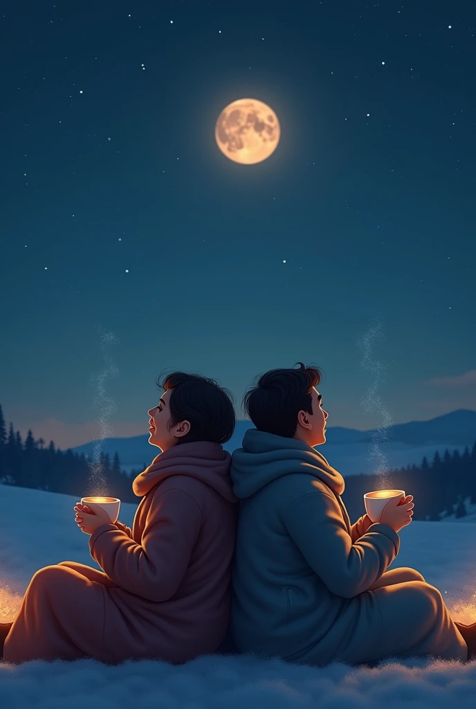The view of a couple of friends (man and woman) covered with a blanket during the cold night, sitting back to back looking at the moon while sharing a coffee