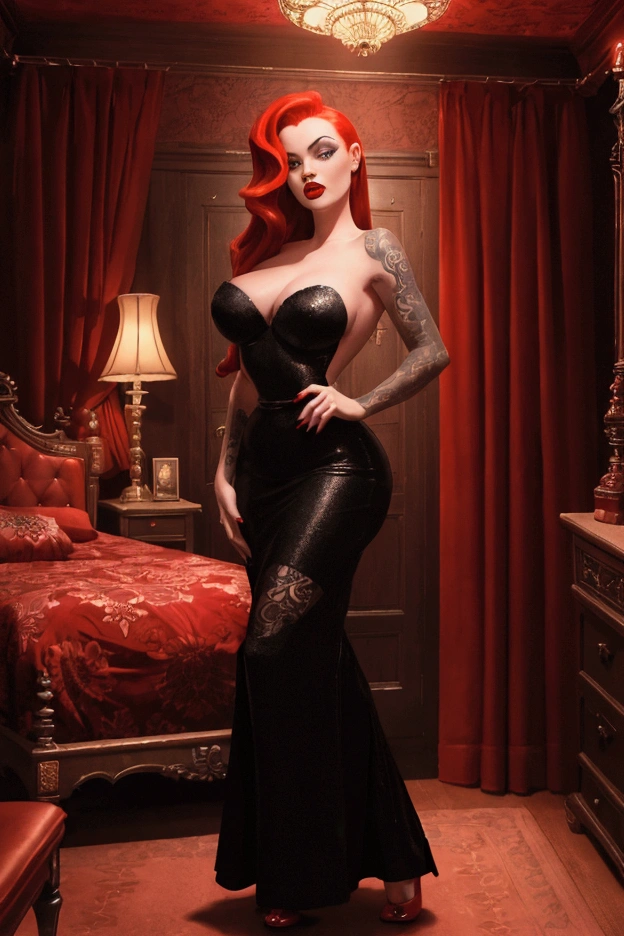 a sexy gothic woman with red hair, full red lips, detailed neo-traditional tattoos, wearing a very sexy black dress, full body shot, 50s style, in a retro billard room, with skull decor, highres, 8k, photorealistic, intricate details, lumière tamisée, moody atmosphere, vivid colors, dramatic poses