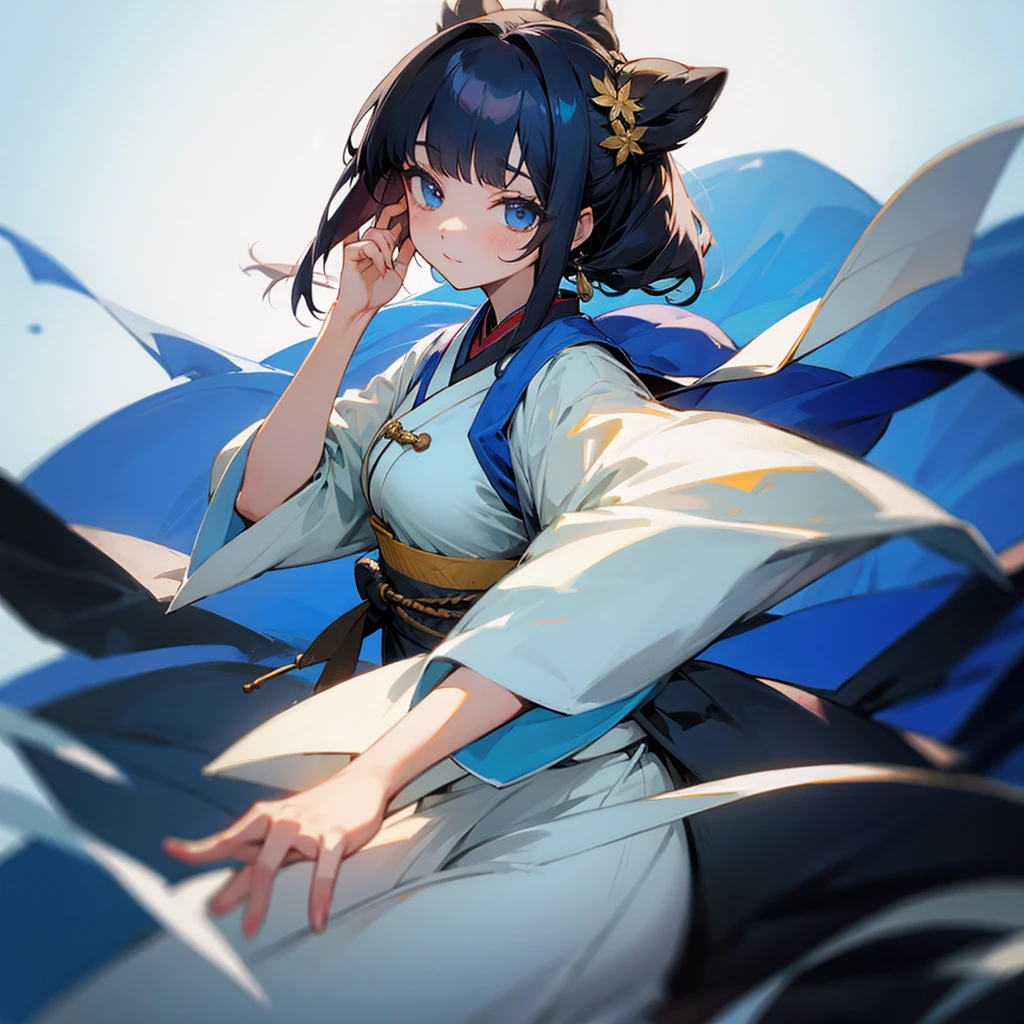 best qualtiy，tmasterpiece，1girll，Black hair， Blue eyes ，ssmile，on cheongsam，It has Jiangnan water town elements，Fair complexion，medium boob，full bodyesbian，cat ear，teardrop，Blushlush，tiny mouth，Bangs flutter in the wind，Purifies skin ，Two-dimensional style --auto